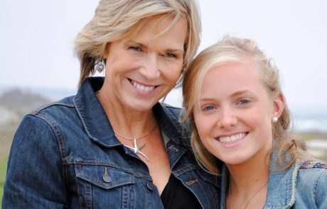 Two smiling women in denim jackets posing outdoors.